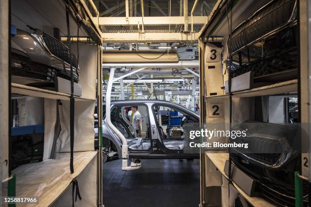 The front car grilles for Skoda vehicles on the production line at the Skoda Auto AS manufacturing plant in Mlada Boleslav, Czech Republic, on...