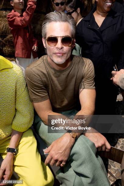 Chris Pine is seen on the front row at the Zegna Spring/Summer 2024 fashion show during the Milan Fashion Week menswear spring/summer 2024 on June...