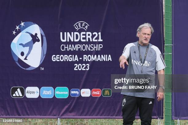 Belgium's U21 head coach Jacky Mathijssen pictured during a training session, part of the preparation ahead of the UEFA Under21 European...