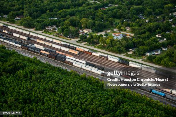 Trains seen in an aerial view on Wednesday, Aug. 20 in Baytown. City: Baytown Location: GPS: N29°47.380' W95°01.147'