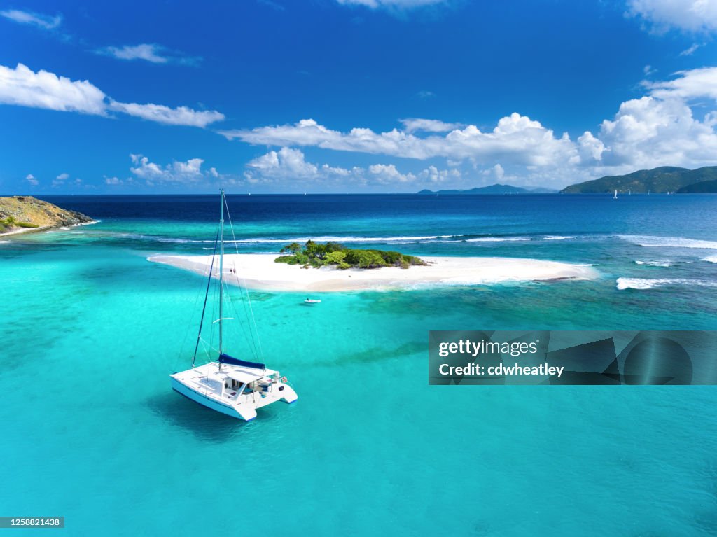 Aerial view of Catamaran at Sandy Spit, British Virgin Islands