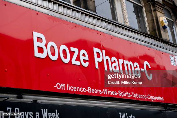 Booze Pharma-C convenience store and off licence which sells on 6th June 2023 in Halifax, United Kingdom. Halifax is a town in the borough of...