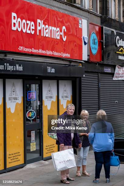 Booze Pharma-C convenience store and off licence which sells on 6th June 2023 in Halifax, United Kingdom. Halifax is a town in the borough of...