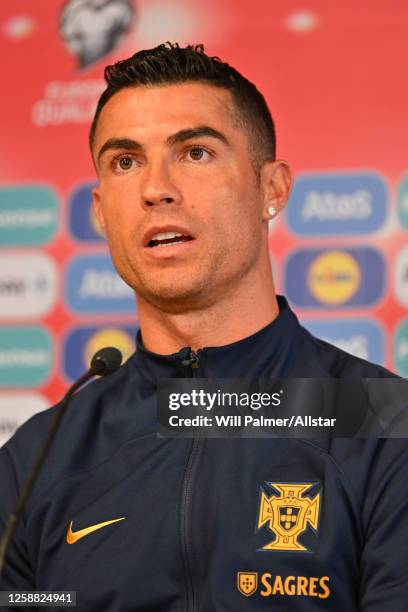 Cristiano Ronaldo of Portugal speaks to the media during a Portugal press conference at Laugardalsvollur on June 19, 2023 in Reykjavik, Iceland.