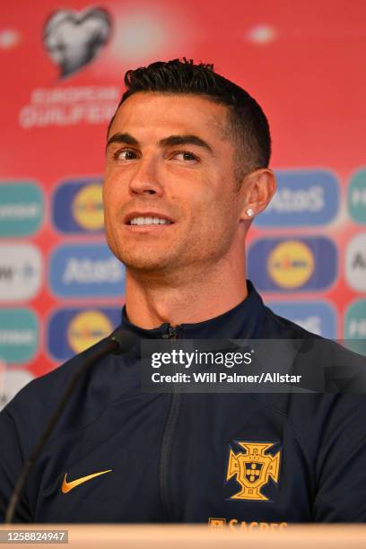 Cristiano Ronaldo of Portugal speaks to the media during a Portugal press conference at Laugardalsvollur on June 19, 2023 in Reykjavik, Iceland.