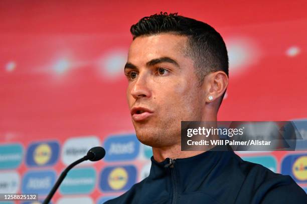 Cristiano Ronaldo of Portugal speaks to the media during a Portugal press conference at Laugardalsvollur on June 19, 2023 in Reykjavik, Iceland.