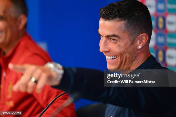 Cristiano Ronaldo of Portugal speaks to the media during a Portugal press conference at Laugardalsvollur on June 19, 2023 in Reykjavik, Iceland.
