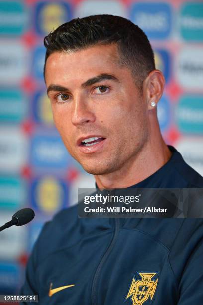 Cristiano Ronaldo of Portugal speaks to the media during a Portugal press conference at Laugardalsvollur on June 19, 2023 in Reykjavik, Iceland.