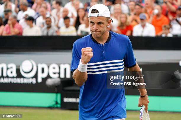 Tallon Griekspoor of the Netherlands reacts during his Singles Men's Final against Jordan Thompson of Australia on Day 7 of the Libema Open Grass...