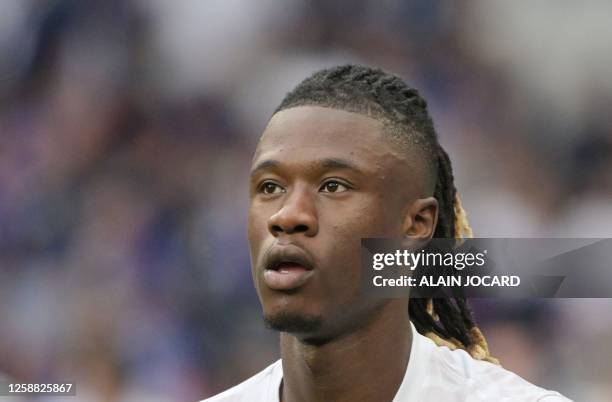 France's midfielder Eduardo Camavinga looks on as he warms up prior to the UEFA Euro 2024 group B qualification football match between France and...