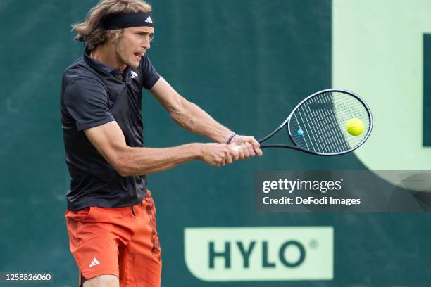 Alexander Zverev of Germany controls the ball during the Terra Wortmann Open 2023 match between Andrey Rublev/Alexander Zverev vs Nathaniel...