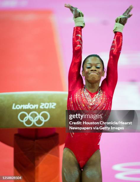 Gymnast Gabrielle Douglas performs on the vault during the women's gymnastics team finals at the 2012 London Olympics on Tuesday, July 31, 2012.