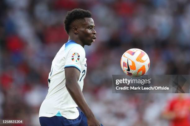 Bukayo Saka of England during the UEFA EURO 2024 qualifying round group C match between England and North Macedonia at Old Trafford on June 19, 2023...