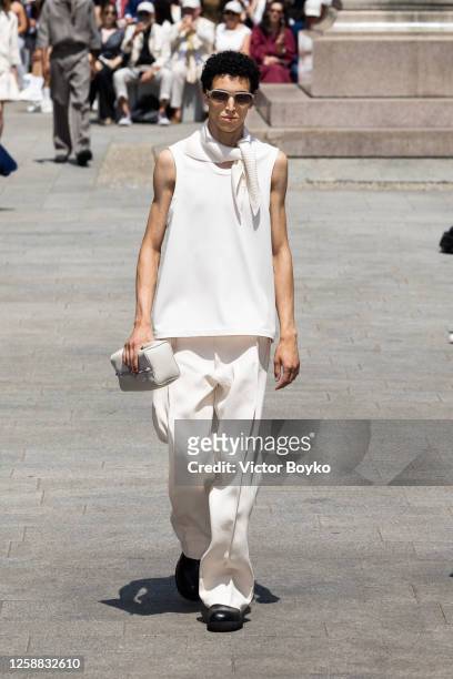 Model walks the runway at the Zegna Spring/Summer 2024 fashion show during the Milan Fashion Week menswear spring/summer 2024 on June 19, 2023 in...