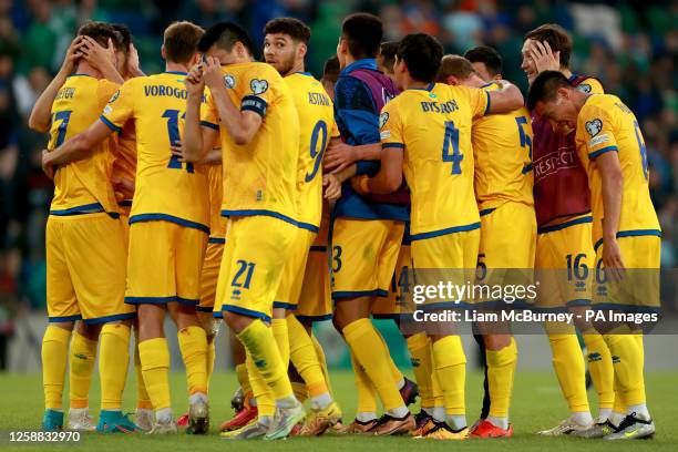 Kazakhstan players celebrate at full time following the UEFA Euro 2024 Qualifying Group H match at the National Football Stadium at Windsor Park,...