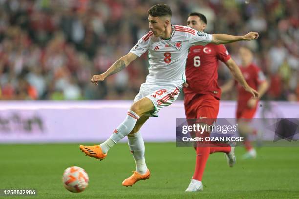 Wales' midfielder Harry Wilson fights for the ball with Turkey's midfielder Orkun Kokcu during the UEFA Euro 2024 qualifier group D football match...