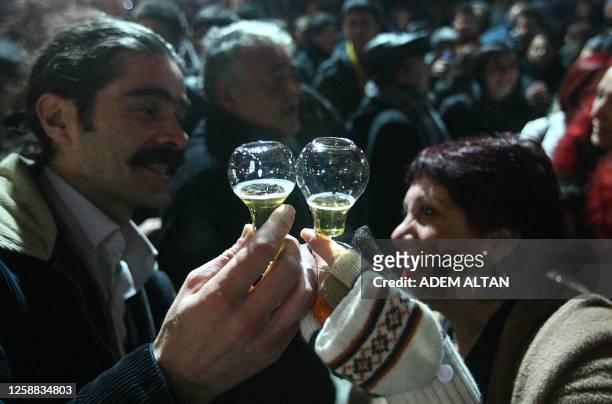 People toast with beer as they party in a public park in the center of Ankara late on January 29, 2011 following a call made on Facebook by Turkish...