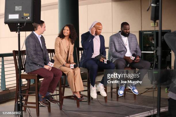 Zach Lowe, Malika Andrews, Richard Jefferson and Kendrick Perkins chats during the NBA Today show prior to Game Five of the 2023 NBA Finals on June...