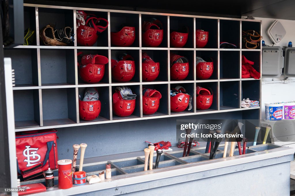 Cardinal Rack The St. Louis Cardinals helmet rack and bat rack prior to the Major ...