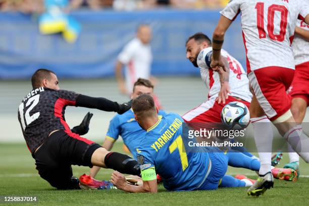 Andriy Yarmolenko captain of Ukraine, lunges for the ball during the UEFA EURO 2024 European qualifying soccer match between Ukraine and Malta at the...