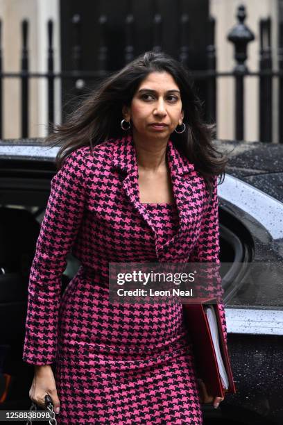 Home Secretary Suella Braverman arrives for a cabinet meeting at 10 Downing Street on June 20, 2023 in London, England.