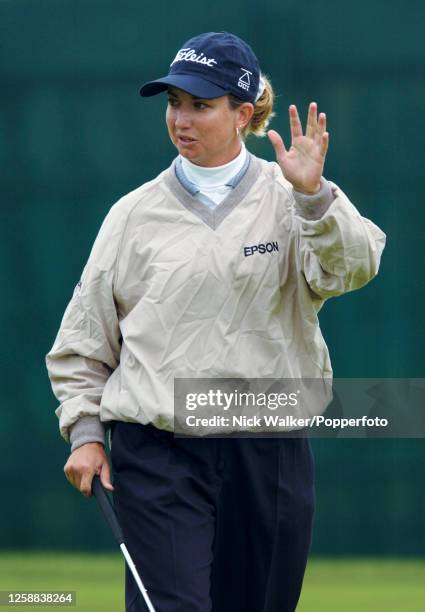 Karrie Webb of Australia celebrates on the 18th green after holing her putt during the final round to win the Women's British Open held at the Ailsa...