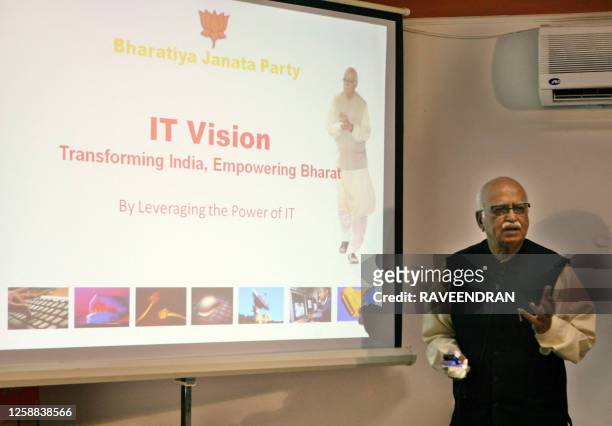 India's opposition leader and prime ministerial candidate from the Bharatiya Janata Party Lal Krishna Advani gestures as he gives a multimedia...