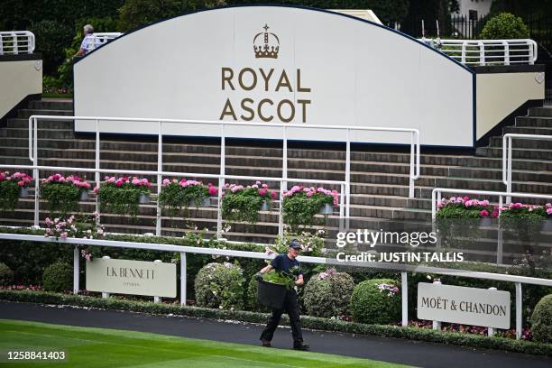 Gardener carries a flower pot for the last adjustments prior to the opening of the first day of the Royal Ascot horse racing meeting, in Ascot, west...