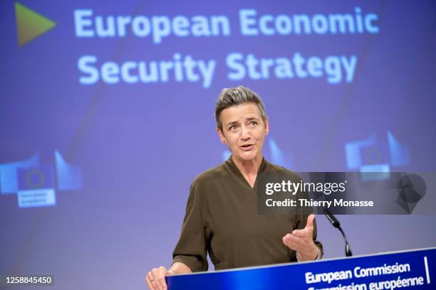 Commissioner for A Europe Fit for the Digital Age - Executive Vice President Margrethe Vestager is talking to media on : 'on minimising risks arising...