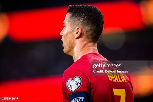 Cristiano Ronaldo of Portugal gestures during the UEFA EURO 2024 qualifying round group J match between Portugal and Bosnia Herzegovina at Estadio...