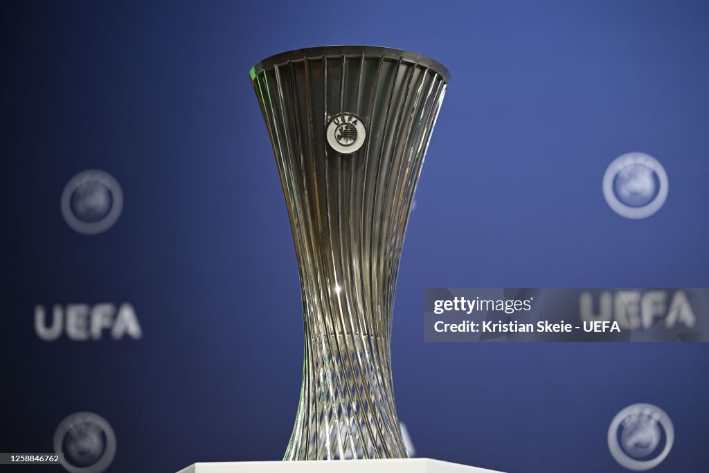 A view of the UEFA Europa Conference League trophy during the UEFA ...