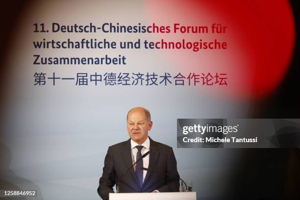 German Chancellor, Olaf Scholz speaks during the signing ceremony of the German Chinese Forum on June 20, 2023 in Berlin, Germany. The German and...