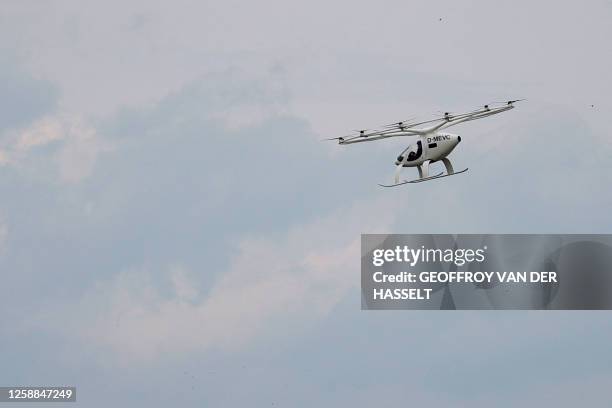 The VoloCity air taxi is seen flying during a demonstration at the ParisLe Bourget Airport, on June 20, 2023.