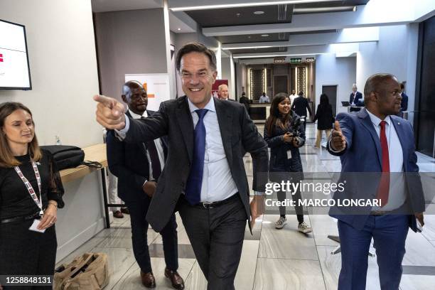 Prime Minister of the Netherland's Mark Rutte gestures as he arrives at the Business Forum on Green Hydrogen and Energy Transition in Pretoria during...