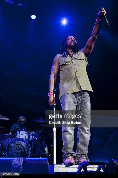 Vocalist Lajon Witherspoon of Sevendust performs at the Mississipi Coast Coliseum on February 5, 2011 in Biloxi City.