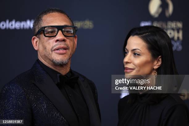 French actor and musician Didier Morville poses with his partner Jade Kohler during a photocall for the Golden Nymph Awards ceremony of the 62nd...