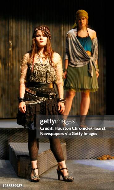 Bree Welch as "Antigone" and Blair Knowles as "Ismene" Tuesday, May 2009, during dress rehearsal from the Classical Theatre Company production of...