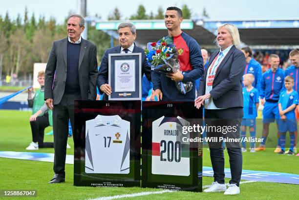 Cristiano Ronaldo of Portugal with 200th game world record certificate for matches played for Portugal before the UEFA EURO 2024 Qualifying Round...