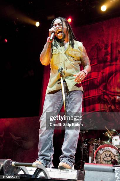 Vocalist Lajon Witherspoon of Sevendust performs at the Mississipi Coast Coliseum on February 5, 2011 in Biloxi City.