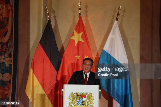 Chinese Premier Li Qiang delivers a speech during his visit by State Premier of Bavaria Markus Soeder at the Kaisersaal of Munich Residence on June...