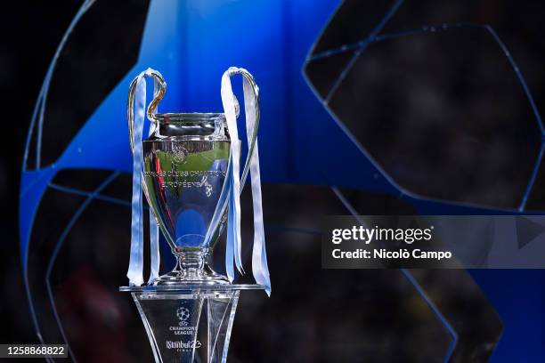 The trophy is seen on a plinth during the award ceremony following the UEFA Champions League final football match between Manchester City FC and FC...