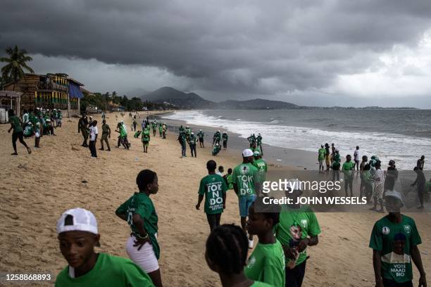 Supporters of the President of Sierra Leone and Leader of Sierra Leone People's party , Julius Maada Bio, gather on the beach during their final...