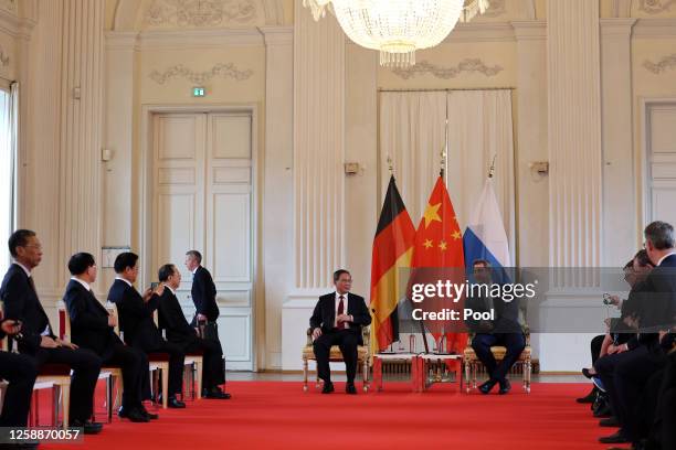 State Premier of Bavaria Markus Soeder and Chinese Premier Li Qiang during a talk in delegation circle, at the Munich Residence on June 20 2023 in...