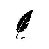 Feather with ink. Feather quill pen icon. Retro image of a writing with quill icon. Vector illustration.