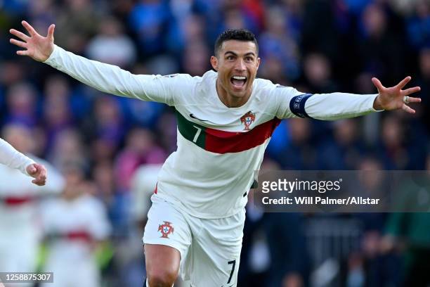 Cristiano Ronaldo of Portugal celebrates his goal on his 200 appearance for portugal during the UEFA EURO 2024 Qualifying Round Group J match between...