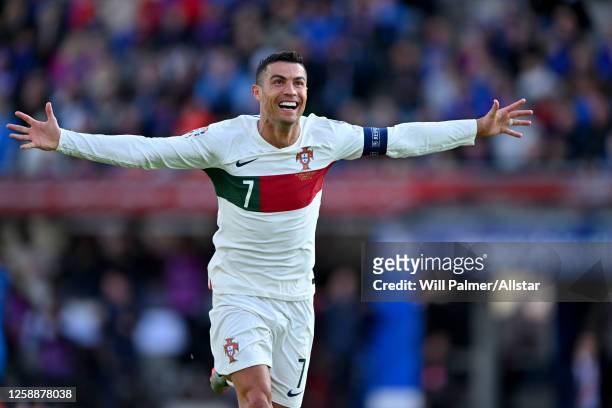 Cristiano Ronaldo of Portugal celebrates his goal on his 200 appearance for portugal during the UEFA EURO 2024 Qualifying Round Group J match between...