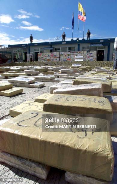 Marijuana packages are displayed by Bolivian police 28 November 2000 in Quito confiscated during Operation Galaxy. Varios paquetes de marihuana que...