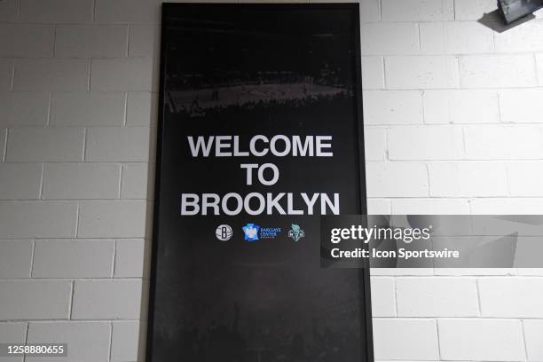 General view of a "Welcome to Brooklyn" sign with the Brooklyn Nets and New York Liberty logo during a WNBA game between the Phoenix Mercury and the...