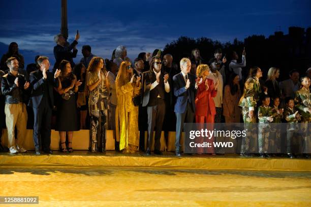 Pietro Beccari, Zendaya, Beyonce, Jay Z, and Bernard Arnault at the Louis Vuitton Spring 2024 Menswear Collection Runway Show on June 20, 2023 in...