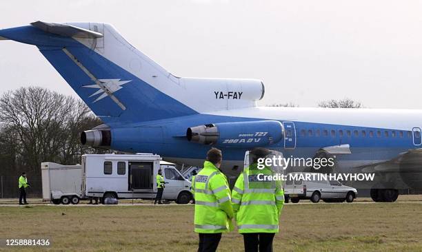 Police officers views at Stansted 10 February 2000 the hijacked Afghan Boeing 727 aircraft whose passengers ordeal finished in the early hours of...